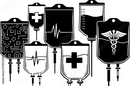 Black and White IV Drip Bags: Medical Icons and Silhouette Art
