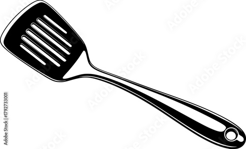 A sleek black spatula with ventilation slop.
