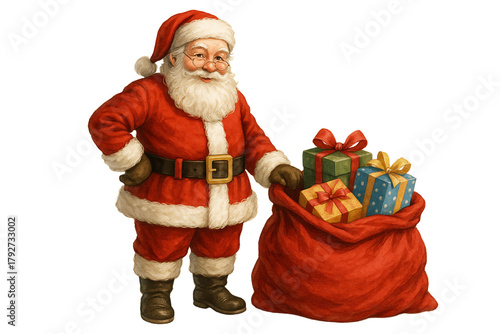Santa Claus holding a sack filled with presents. Christmas promotions. Gift-themed designs. Holiday visuals.