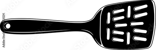 A sleek black spatula with ventilation slop.
