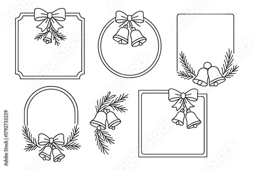 Festive holiday frames with bells and bows in elegant line art design
