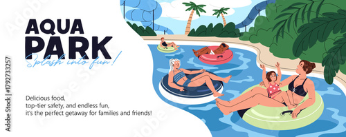 Design of promotion banner of aquapark for family rest. Advertising template of water park with people and kids floating on inflatable circles in swimming pool in summer. Flat vector illustration.