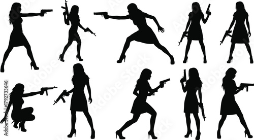 Silhouette women with guns, female agents, secret spy concept, tactical pose, action scene, strong women, weapon training, combat stance, power, defense, courage, empowerment