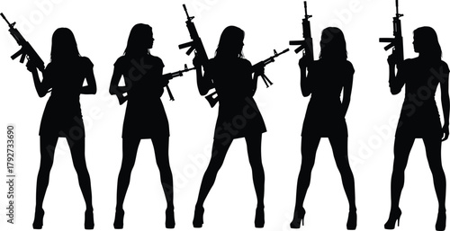 Silhouette women with rifles, female soldiers, combat concept, military style, powerful women, armed ladies, security force, weapon training, tactical pose, strength, empowerment, defense