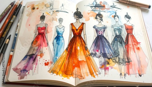 Fashion Design Sketches - Elegant Dresses in Watercolor Illustration.