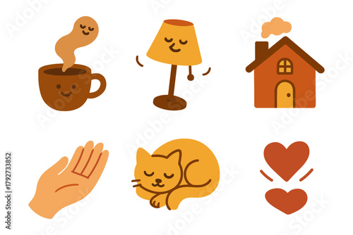 Cozy cartoon elements with smiling faces: coffee, lamp, house, hand, cat, hearts