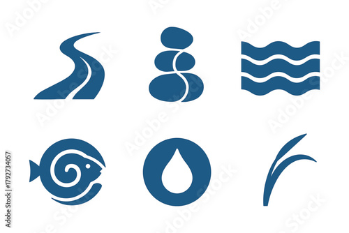 Minimalist nature icons: water, fish, river path, zen stones, grass