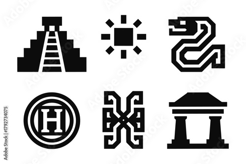 Ancient mesoamerican symbols set featuring pyramids and serpents in bold silhouette design