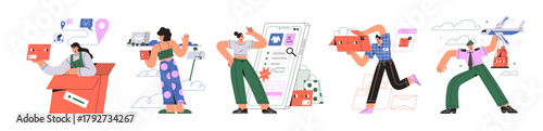 Concept set of delivery and online shopping. Storage worker picking order and sends parcel. Customer buys in Internet, courier delivers box. Flat isolated vector illustrations on white background.