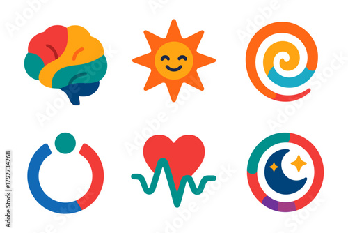 Colorful flat icons of brain, sun, spiral, circle, heartbeat, and night sky
