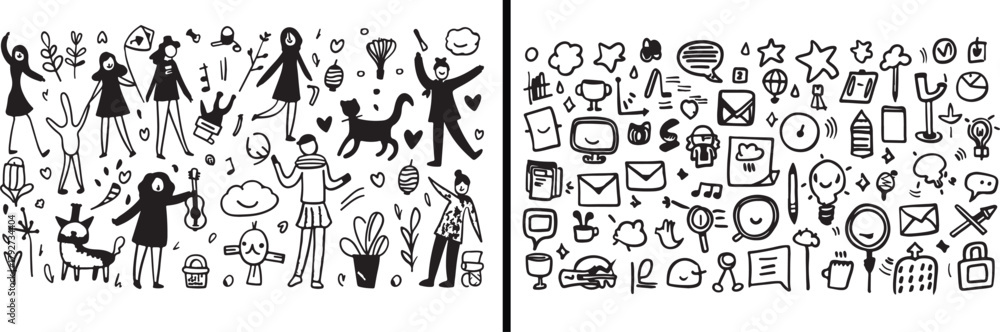 Fototapeta premium Communication Icons Doodle, Message Symbol Vector, Social Media Illustration, Chat Bubble Sketch, Business Inbox Clipart, Email Art Outline, Smartphone Message Drawing, Online Conversation Design, Int