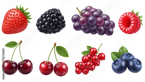Vector illustration of assortment of fresh berries and fruits on a transparent background