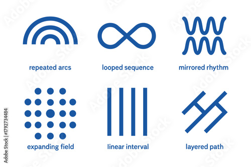Abstract linear geometric icon set featuring repeated arcs, looped sequence, and more
