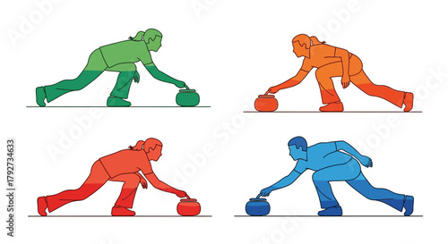 Four stylized figures in different colors are shown bowling in this image