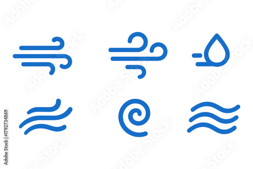 Minimalist blue wind and water icons for weather and nature themes