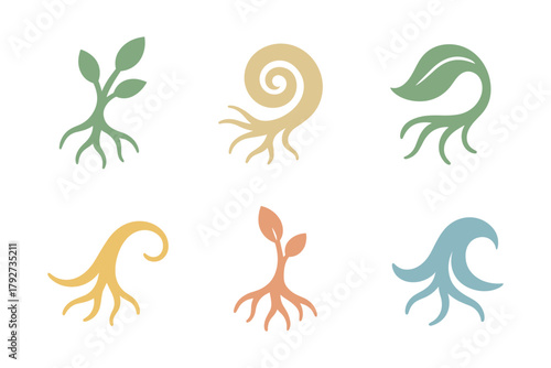 Nature-inspired minimalist icons featuring plants and roots in soft colors