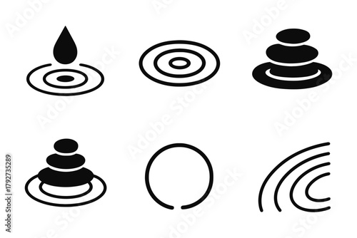Minimalistic zen elements with stones and water drop icons in black silhouette style