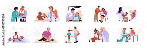 Pediatricians examine children set. Doctors cares about kids' health. Medics do medical checkup of babies in hospital, therapists work in pediatric clinic. Flat isolated vector illustrations on white.