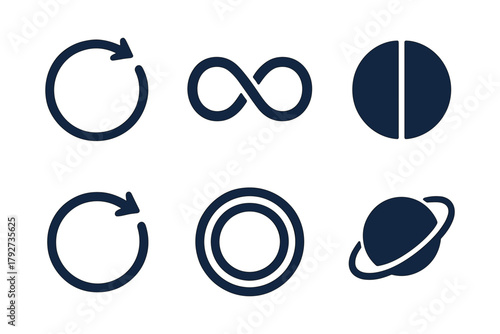 Minimalist monochrome icon set featuring cycles, infinity, and planetary symbols