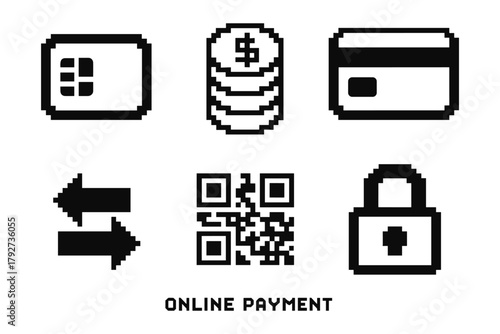 Retro pixel art icons for online payment and security
