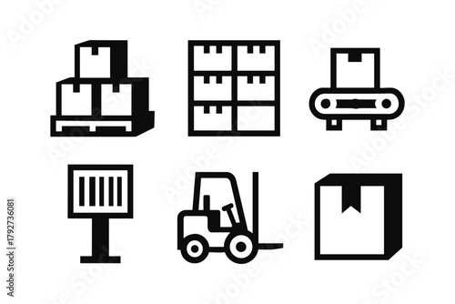 Warehouse logistics icons: forklift, barcode, pallet, conveyor belt, box storage
