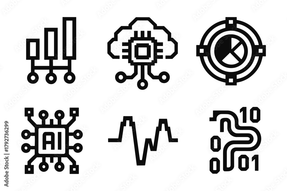 Fototapeta premium Modern linear technology icons featuring ai, circuitry, and data analytics