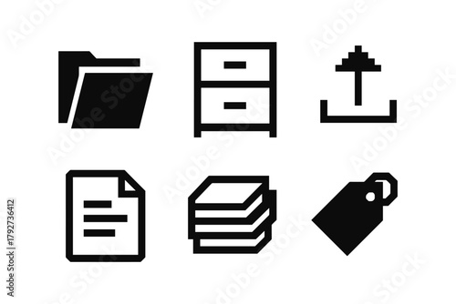 Minimalist office icons set with folder, cabinet, and tag designs