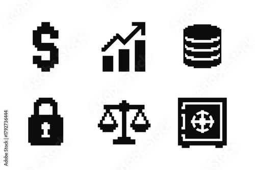 Pixelated finance icons: dollar, growth, database, security, justice, safe