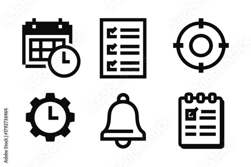 Minimalist black and white icons for time management and organization