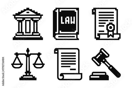 Classic pixel law icons set featuring courthouse, legal texts, and gavel