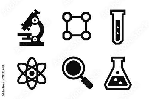 Science icons: microscopy, chemistry, and molecular structures in black minimalist style