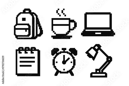 Pixel art icons: school backpack, coffee cup, laptop, notebook, alarm clock, desk lamp