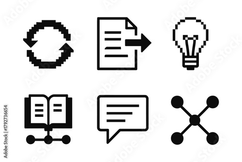 Minimalist icons set featuring refresh arrows, document sharing, light bulb, book, speech bubble, and network node