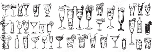Cocktail Glass Illustration, Drink Doodle Vector, Party Beverage Sketch, Alcoholic Drink Design, Tropical Cocktail Art, Bar Menu Outline, Mocktail Clipart, Juice Glass Illustration, Refreshing Drink D