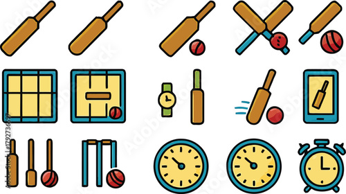 Cricket sports equipment icons for web design