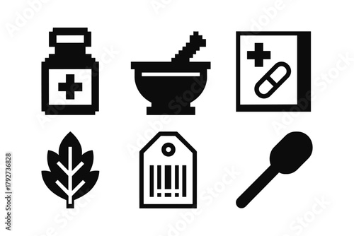 Pixel style pharmacy icons: medicine, prescription, natural remedies, labels