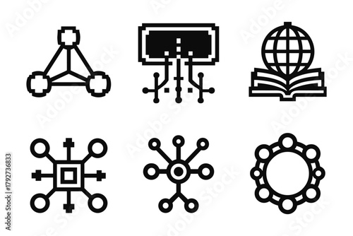 Geometric technology icons with outline style for digital networks and systems