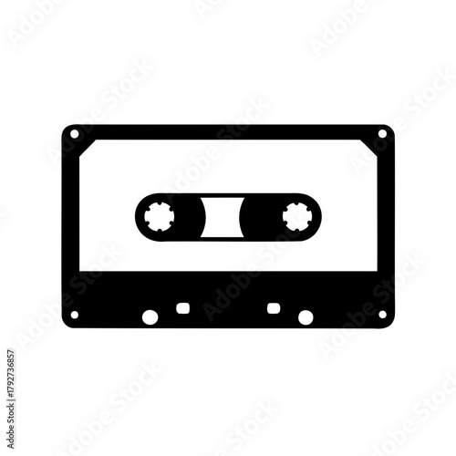 Monochrome image of a classic audio cassette tape with minimalist design