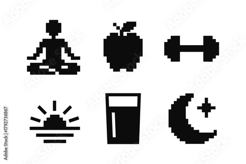 Pixel art icons: meditation, health, fitness, nutrition, wellness, and balance