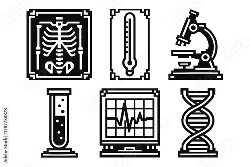 Medical equipment icons: flat black and white scientific symbols for healthcare and research