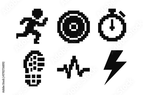 Pixel art running icons: fitness and sport symbols in retro style