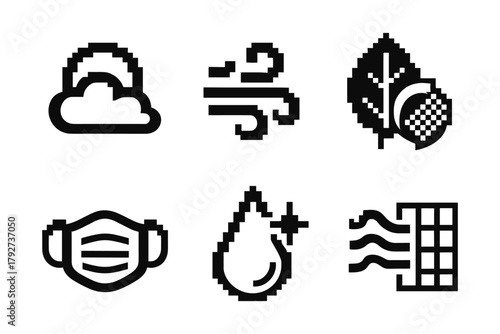 Retro pixel weather and nature icons set for digital interfaces