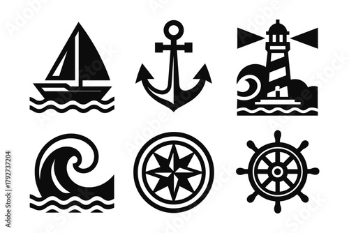 Nautical icons: anchor, lighthouse, and sailboat silhouettes