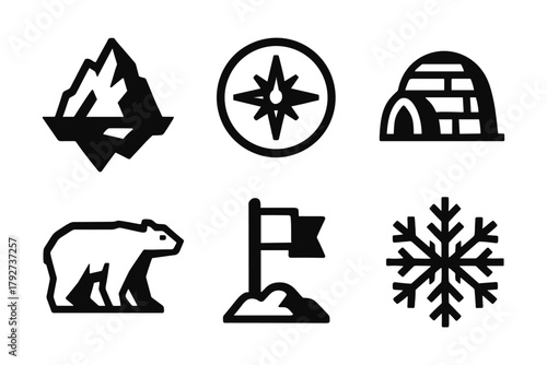 Arctic icons set featuring iceberg, compass, igloo, polar bear, flag, snowflake