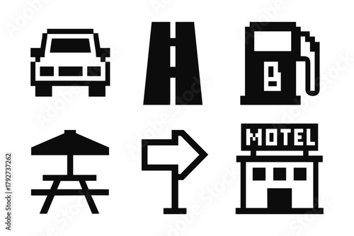 Retro pixel travel icons: car, road, gas pump, picnic, arrow, motel