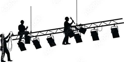 Stage rigging silhouette, lighting truss workers, concert setup crew, event production team, backstage installation, technical support, spotlight 