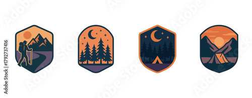 Outdoor adventure badges featuring hiking, camping, mountains, and starry night scenes