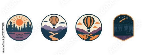 Nature and adventure icons: sunrise, hot air balloons, night sky