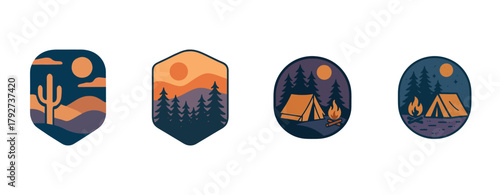Camping badge set: cactus desert, forest landscape, tent by campfire