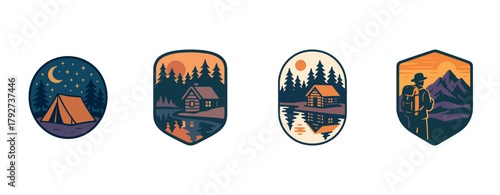 Scenic camping and hiking badges with tents, cabins, and mountains at sunset